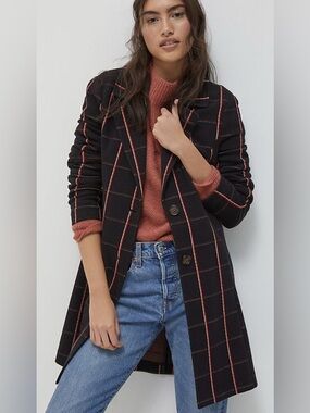Avec Les Filles Windowpane Knit Longline Blazer Coat | Small | Black Red